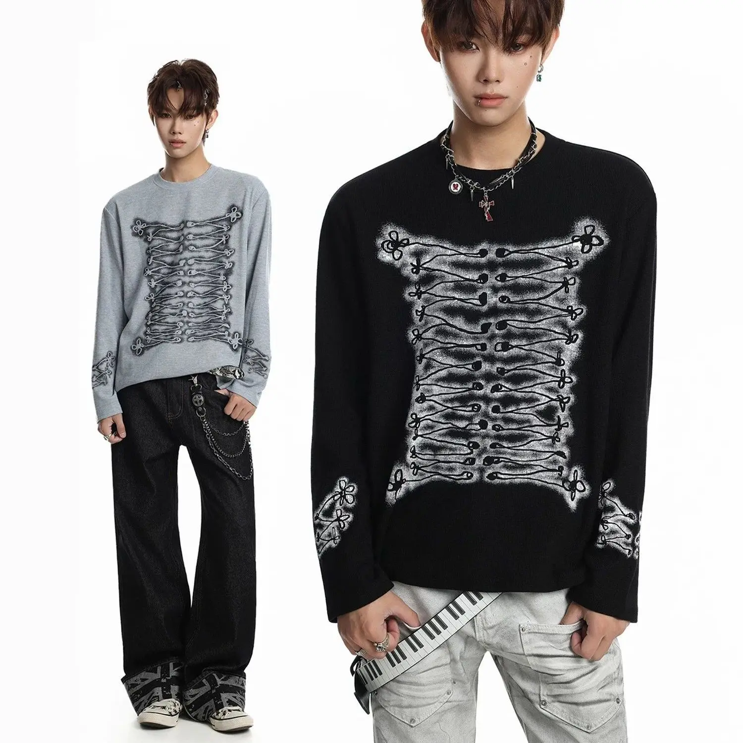 Dark Gothic Y2K Long Sleeve T‑Shirt 100% Cotton Skeleton Ribcage Graphics Punk Grunge Streetwear Top Loose Hip Hop Unisex