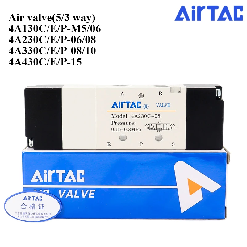 AirTAC 4A130-M5 06 4A230-06 08 4A330-08 10 4A430-15 C/E/P 5/3 Way Air Operated Control Valve Solenoid Pneumatic Valve
