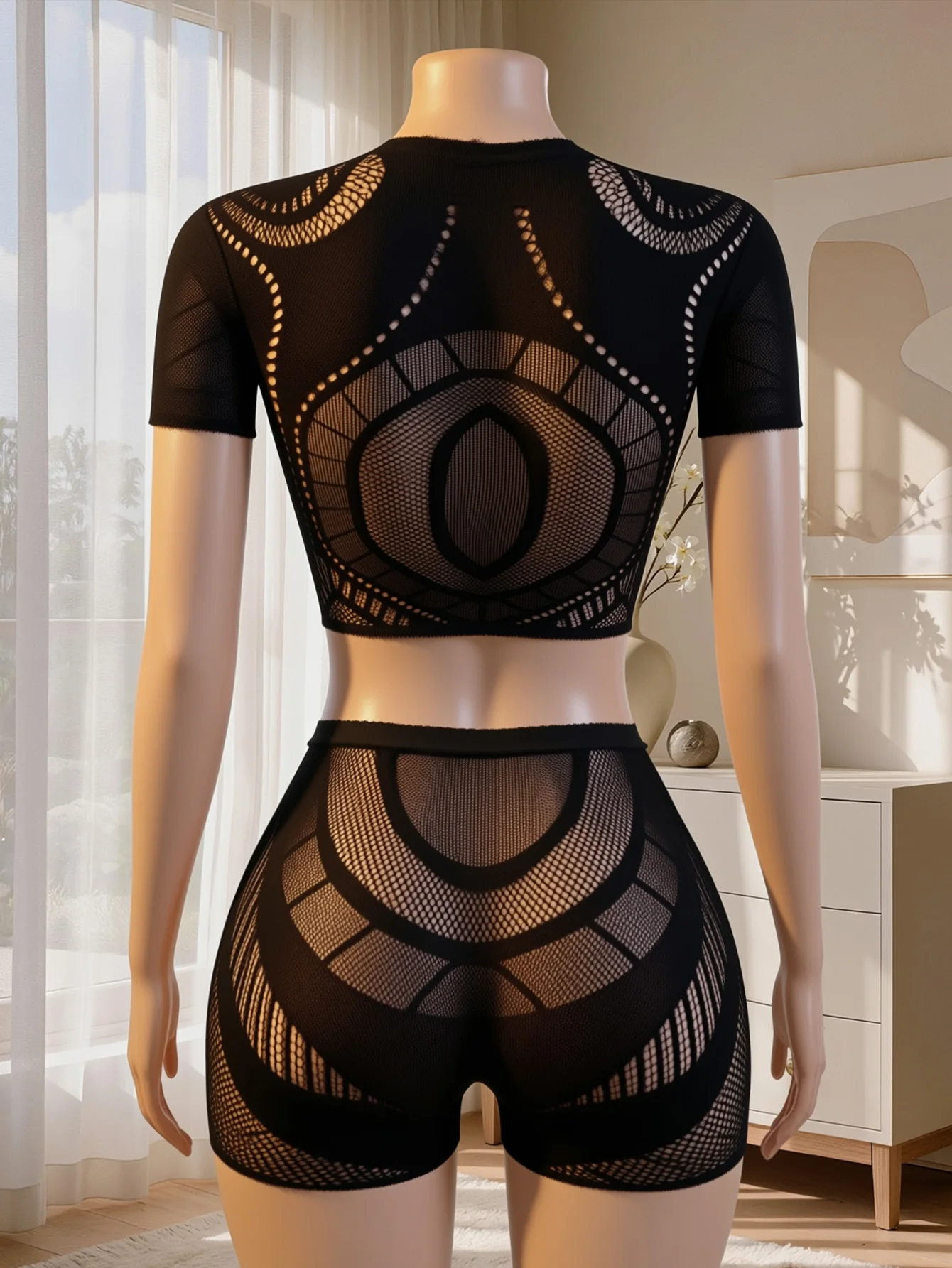 Women's 2‑Piece Sheer Mesh Set, Short‑Sleeve Top and HighWaist HollowShorts for Romantic Dates&Parties (One size fits 88‑132lbs