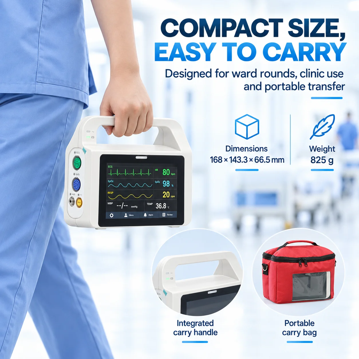 Resoxy E5 Multi Parameter Patient Monitor ECG SpO2 NIBP RESP TEMP Vital Signs Monitor 5 Inch Touch Screen Portable Device