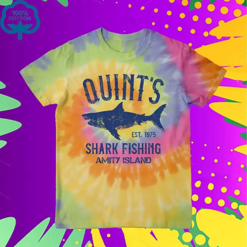 

New Fashionable Tie-Dye Quints Shark Fishinger Amity Island T-shirt 100% Cotton Shark Graphic Short Sleeve Top For Men And Women