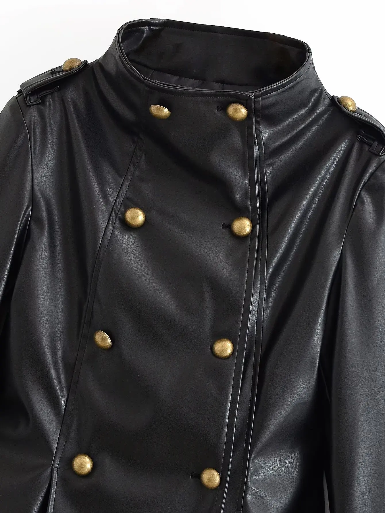 Women Stand Up Collar PU Jacket Chic Metal Buckle Faux Leather Black Jacket Leisure Double Breasted Long Sleeves Autumn Outfit