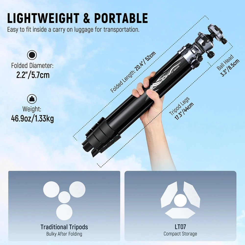 NEEWER LITETRIP LT07 61" Aluminum Travel Tripod for Camera ,with  Arca QR Plate Compatible with PD Tripod Plate