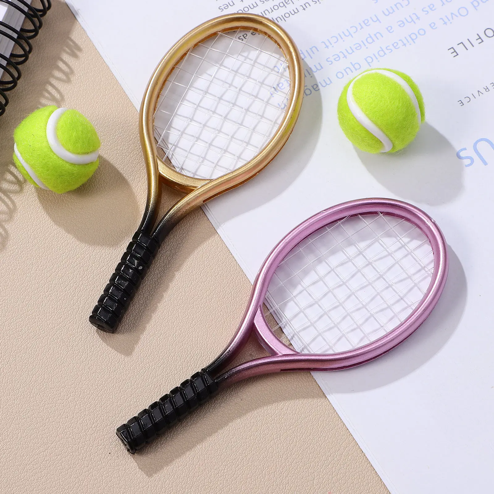 

2Sets Mini Tennis Racket Ball Set Compact Lightweight Non Deform Decorative Mini House Ornament Photo Prop DIY Supply Accessory