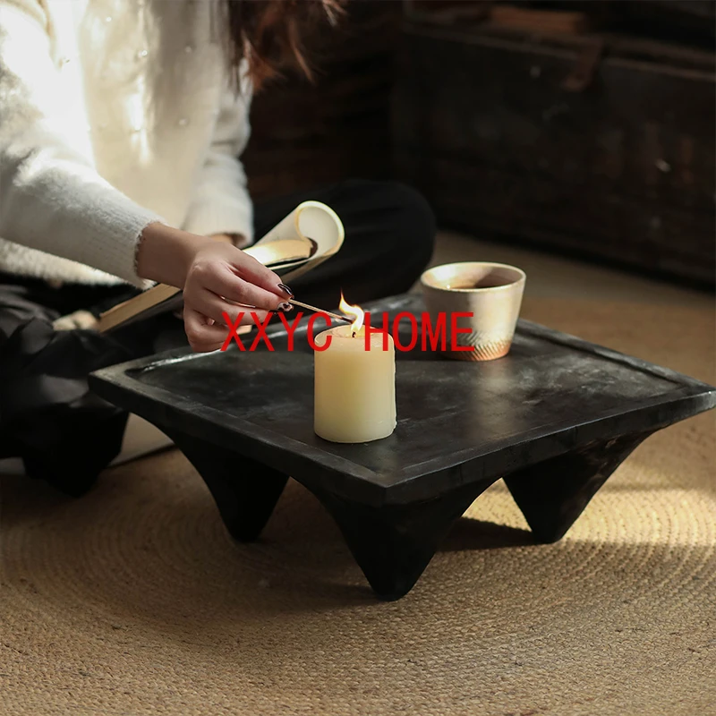 Black Four-Legged Square Small Tea Table Vintage Distressed Bay Window Short Tea Table Decorations