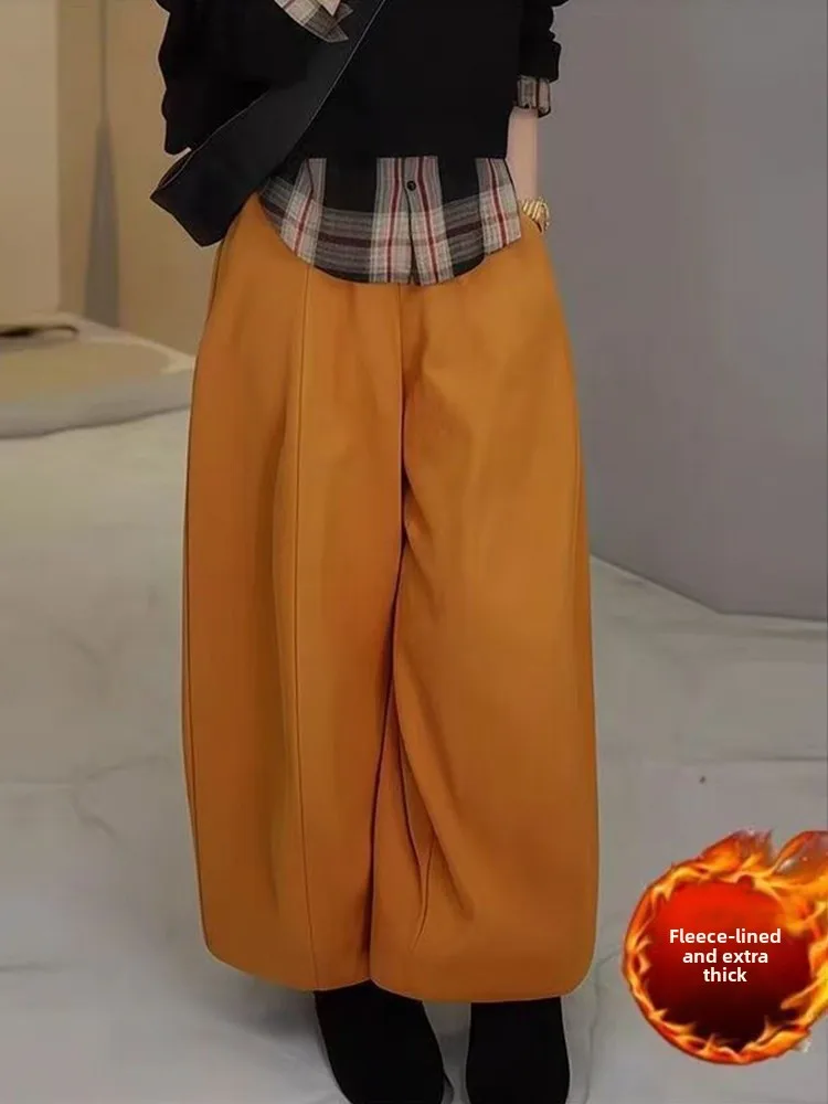 Rode Fce Gevoerde Verstewol Wijde Pijpen Broek Dames Winter Nieuwe Sle Hoge Taille Rechte Cut Loose Fit Pendelen Faion