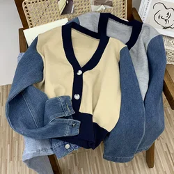 Denim Patchwork Sweater Short Jacket Women's 2023 Autumn New Contrasting V-neck Long Sleeved Loose Single Breasted All-Match Top