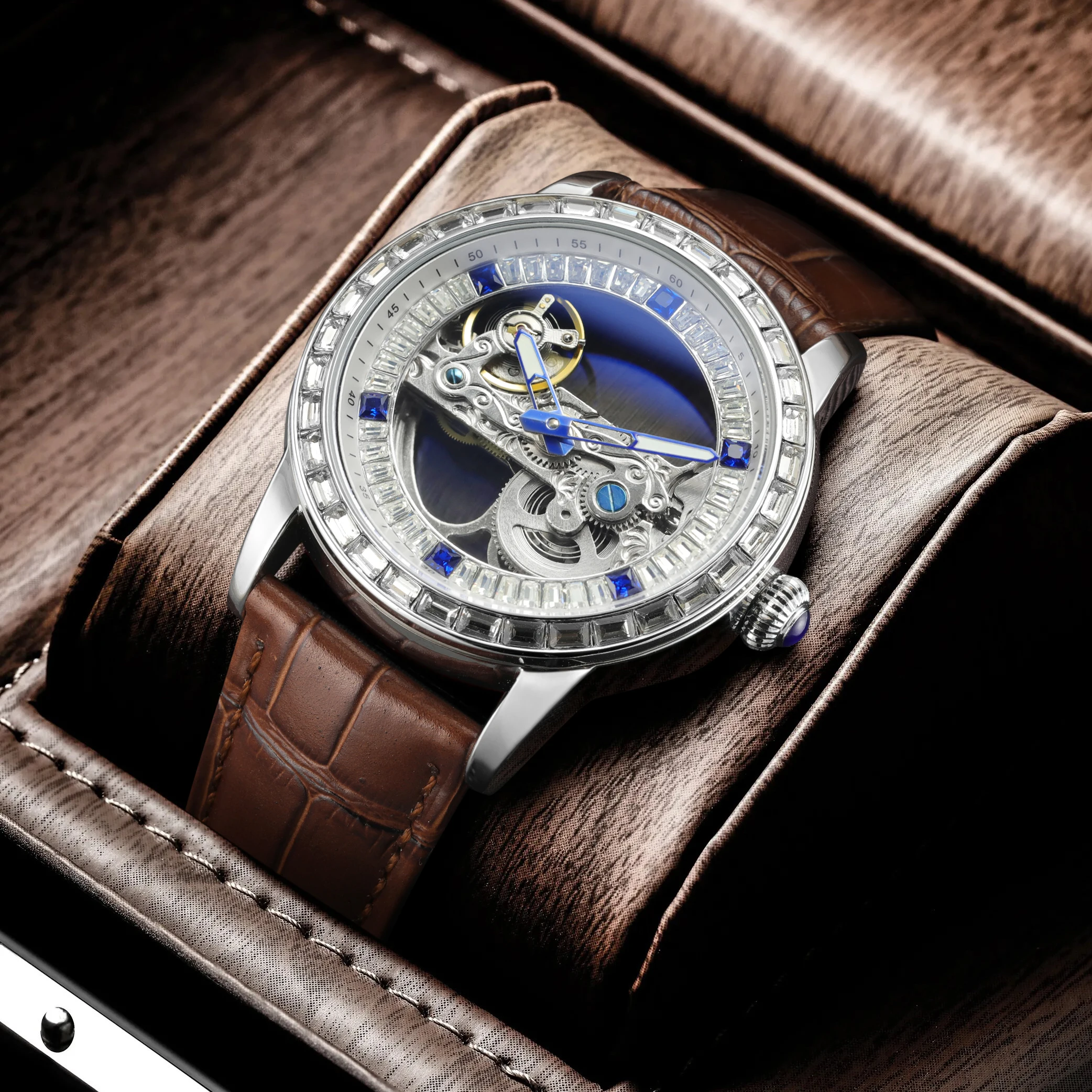 

SKROX Высококачественные роскошные мужские часы с бриллиантами, механические часы со скелетом и автоматическим механизмом, водонепроницаемые кожаные деловые наручные часы