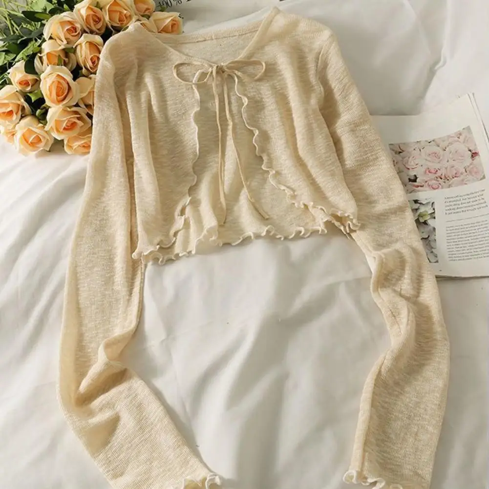 스트랩 디테일이 있는 모던한 카디건 여성용 쉬어 메쉬 비치 커버 업 카디건, 러플 밑단 UV 보호 여름용