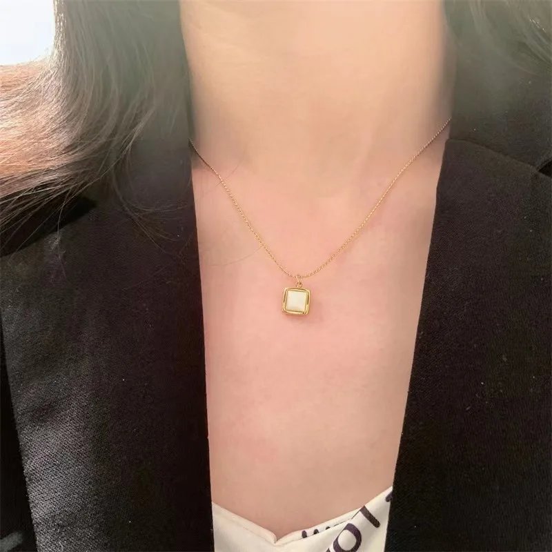 Stainless steel square natural shell pendant necklace exquisite square charm choker minimalist collar necklace image 3