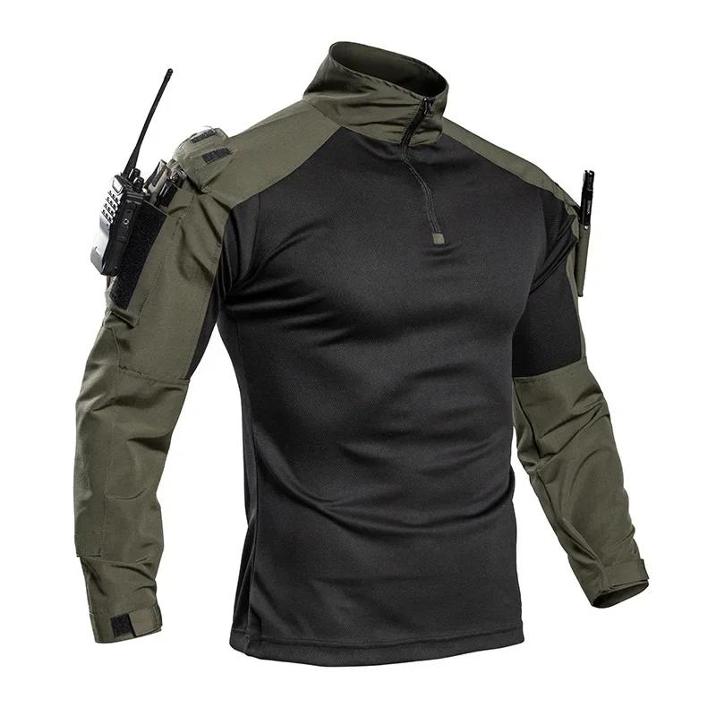 Men's Tactical Long Sleeve Camo Shirt Half Zip Neck with Arm Radio Pocket Breathable Combat Shirt for Hiking Camping Hunting
