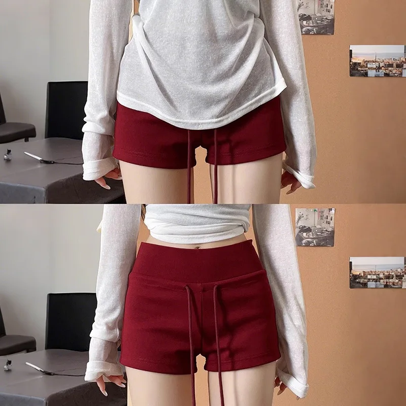 Black Mini Shorts For Woman Summer Clothes 2026 Low Rise Shorts Knitted Korean Fashion Shorts Low Waist Buttoms With Drawstrings