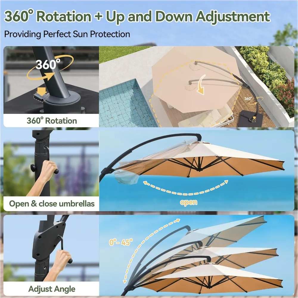 مظلة ناتئة مع قاعدة متضمنة، مظلة فناء كبيرة من الألومنيوم مقاومة للرياح مع 360 درجة ° دوران، شديد التحمل