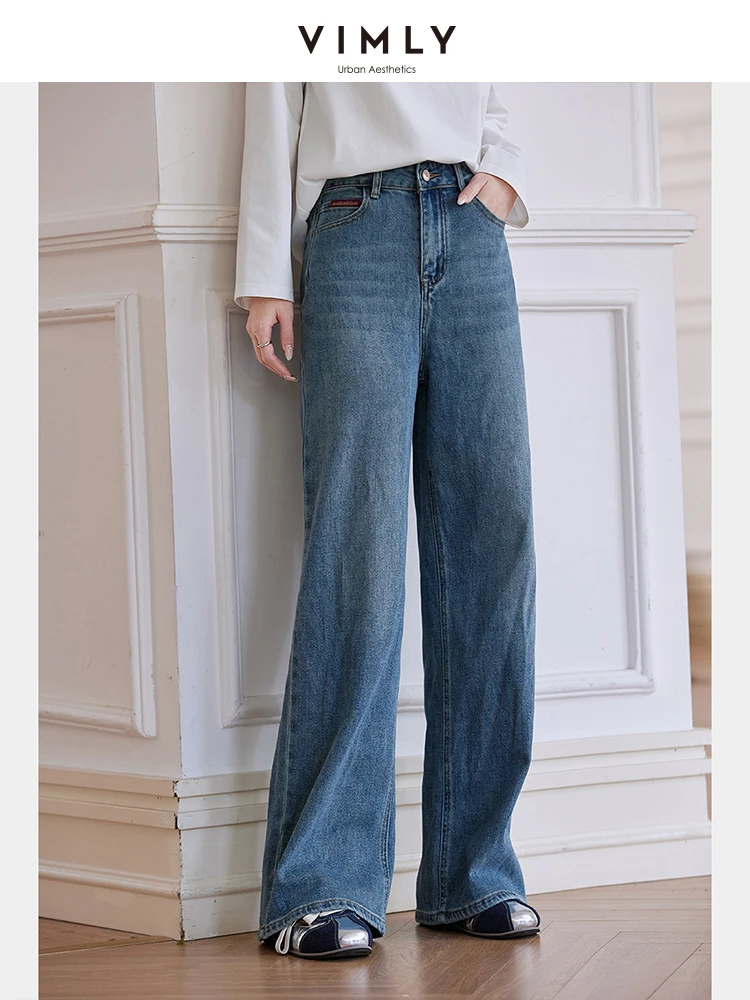 

VIMLY Long Jeans Women's 2025 Summer Washed Vintage High-waist Loose Denim Blue Wide Leg Pockets Woman Straight Pants 30253
