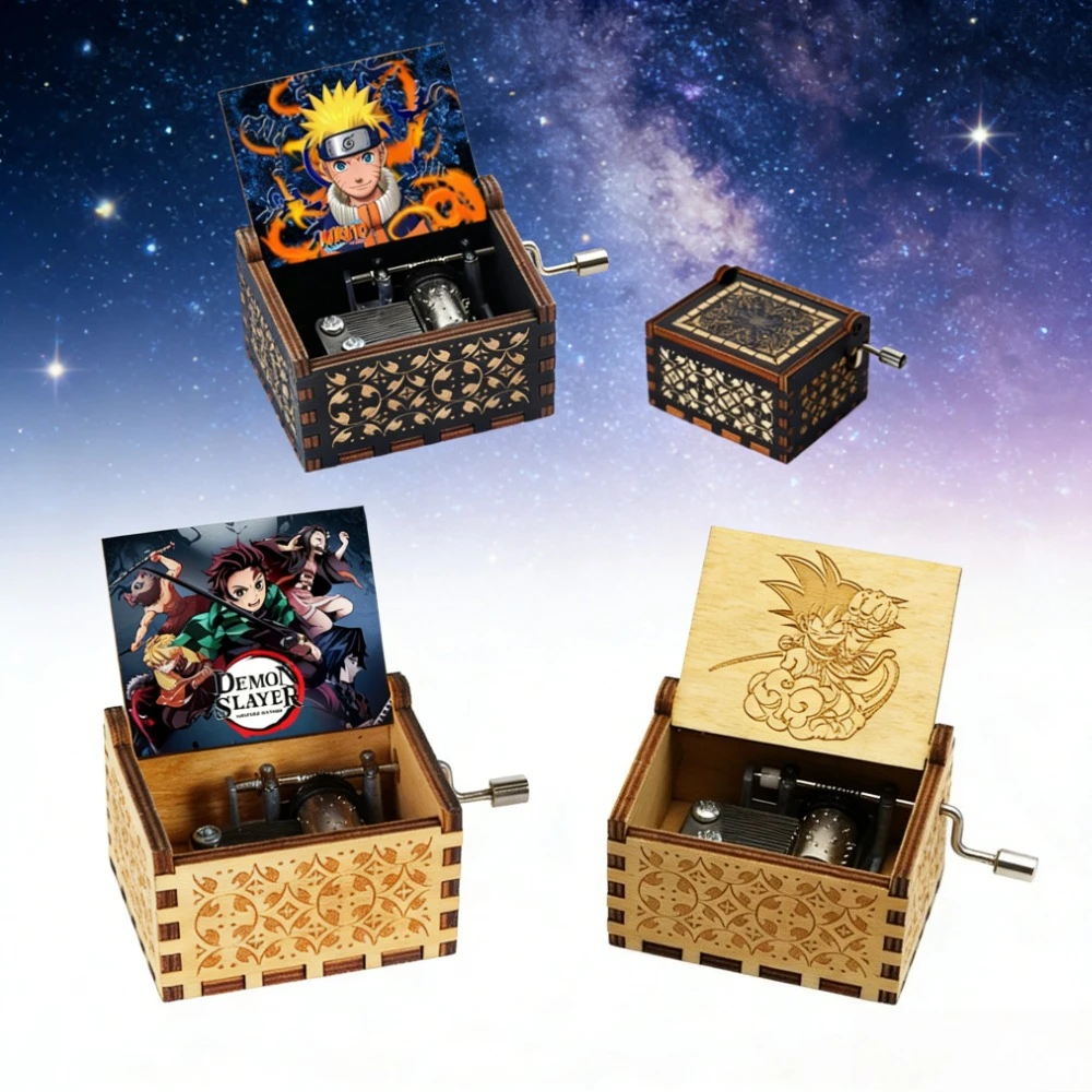 Engraved Vintage Wooden Hand Crank Music Box, Anime Themed (Dragon Ball Z/Naruto/Demon Slayer), Ideal Gift for Anime Fans view 2