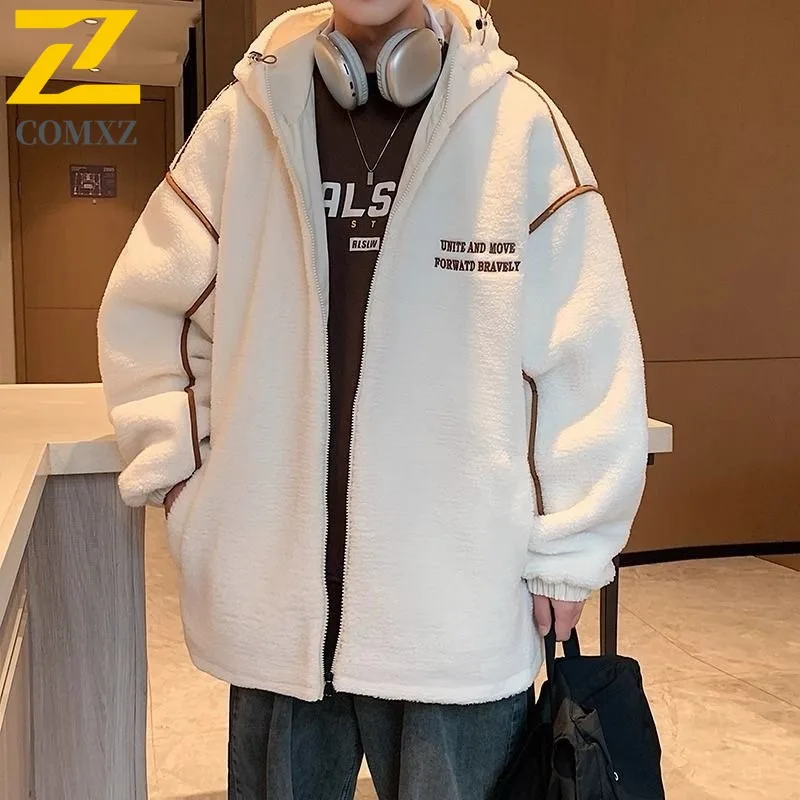 

COMXZ Мужская флисовая куртка 2025, японская однотонная теплая куртка с капюшоном для лыжного отдыха, хлебная куртка для повседневной прогулки, свободное пальто больших размеров с подкладкой