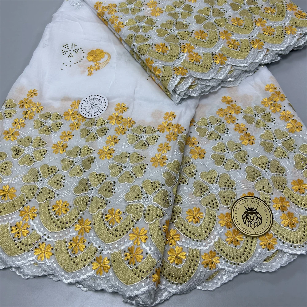 

Swiss Voile Lace Embroidery, 100% Cotton, African Lace Fabric, White and Gold,Stones, 5 Yards