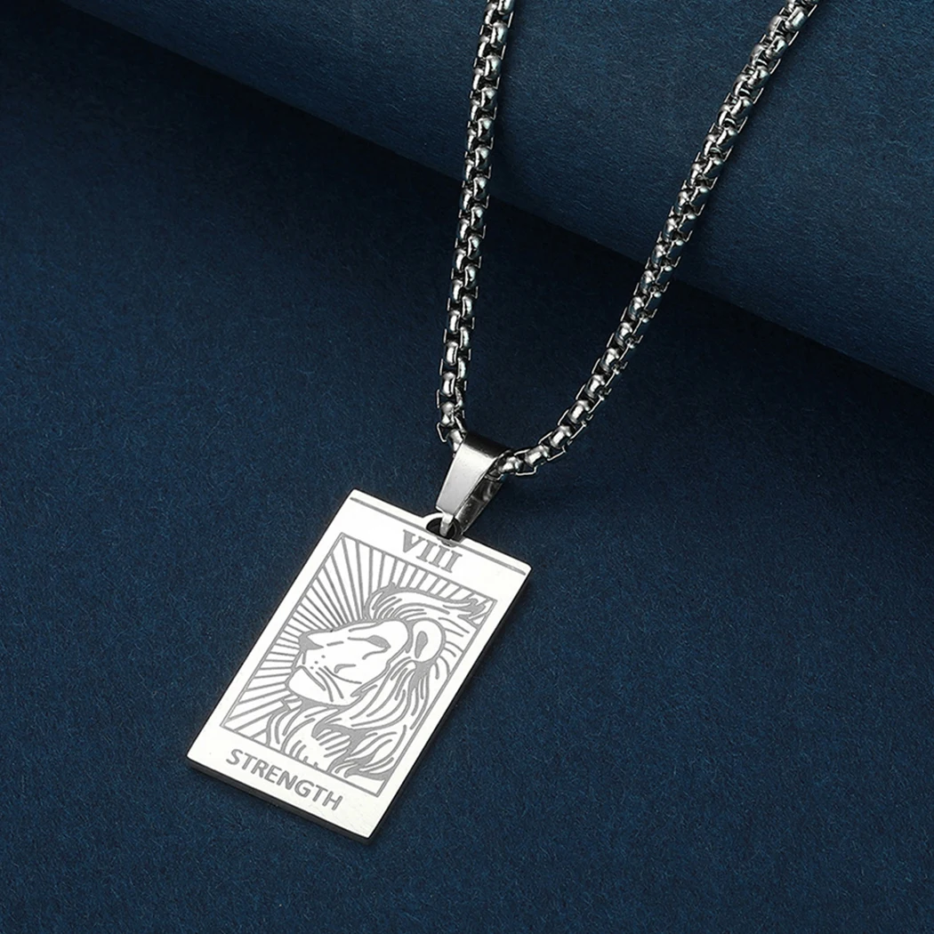 CHENGXUN Stainless Steel Strength Lion Tarot Cards Pendant Necklace for Men Women Animal Lion Jewelry Male BFF Friend Gift