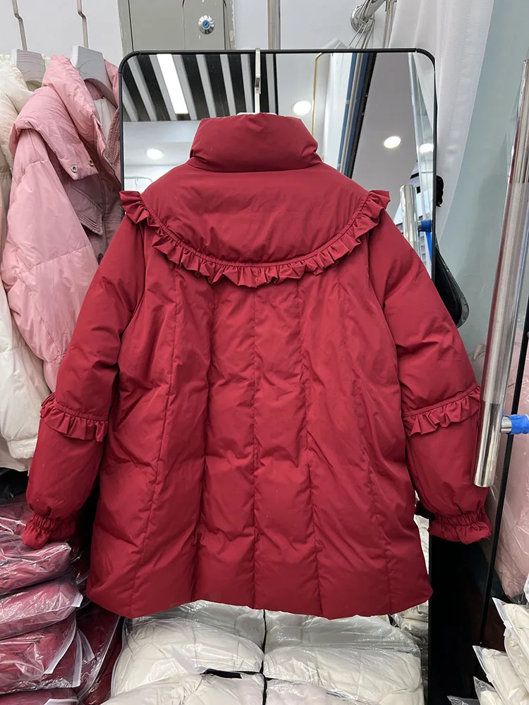 Neue Weihnachts-Daunenjacke im chinesischen Stil für Damen, mittellang bis lang, Stil 2025, Winter, neue Pendel-Daunenjacke mit weißer Ente, trendig