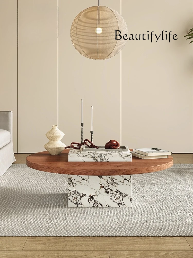 

Medieval black round solid wood coffee table household living room small apartment marble rock slab round coffee table