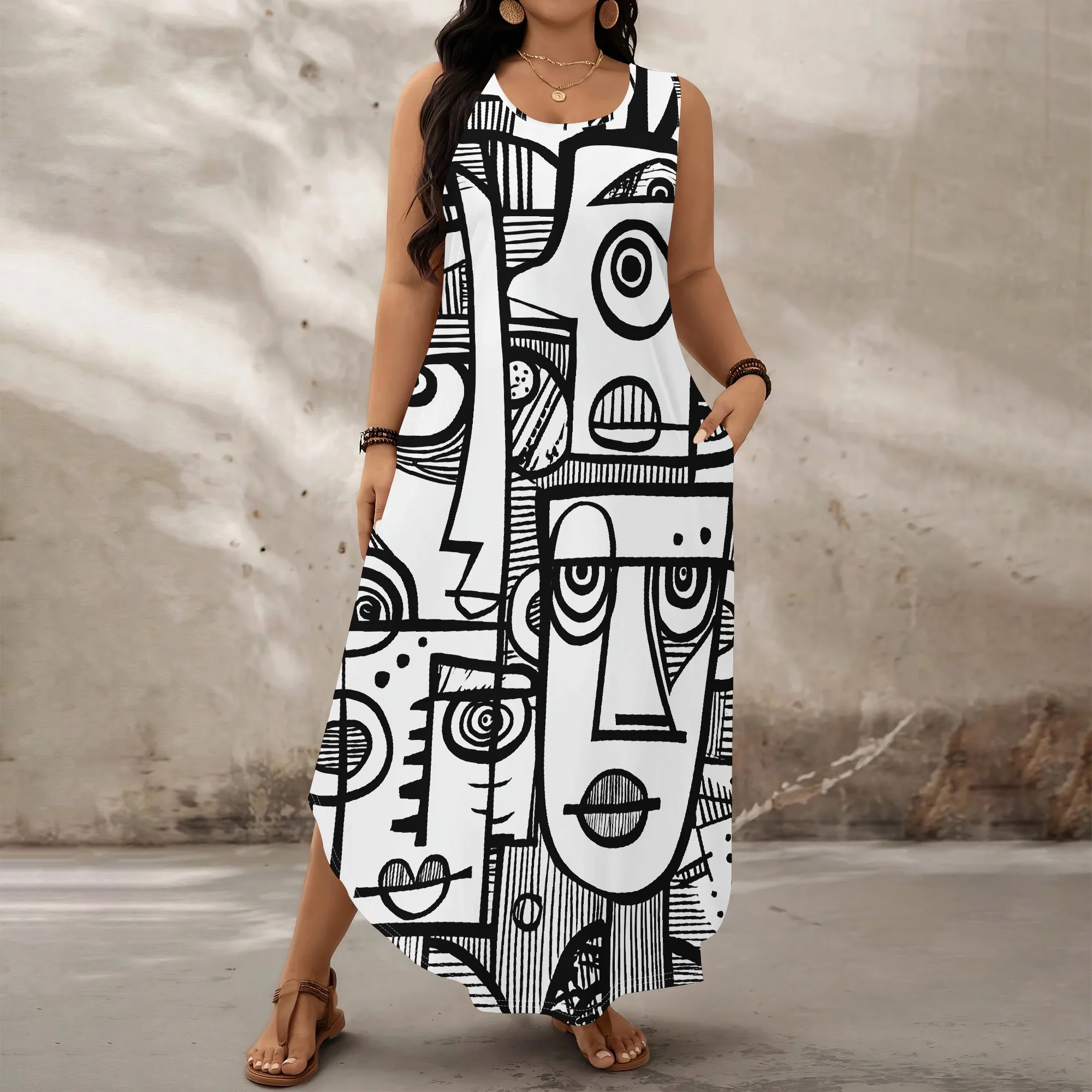 

Women's Plus Size Abstract Face Print Maxi Dress - Sleeveless Loose Fit - Modern Art Casual & Gallery Wear