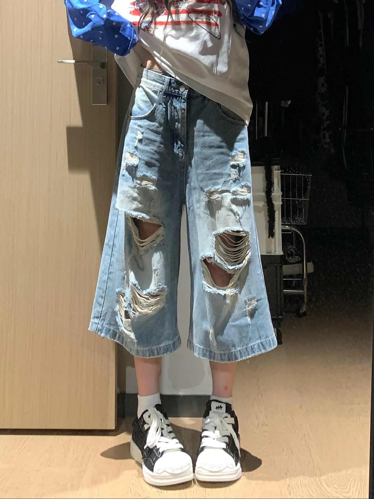 

Retro American Large Size Denim Shorts High Waist Cuffed Loose Fit Women's Men's Summer Casual Wide Leg Jeans Pants