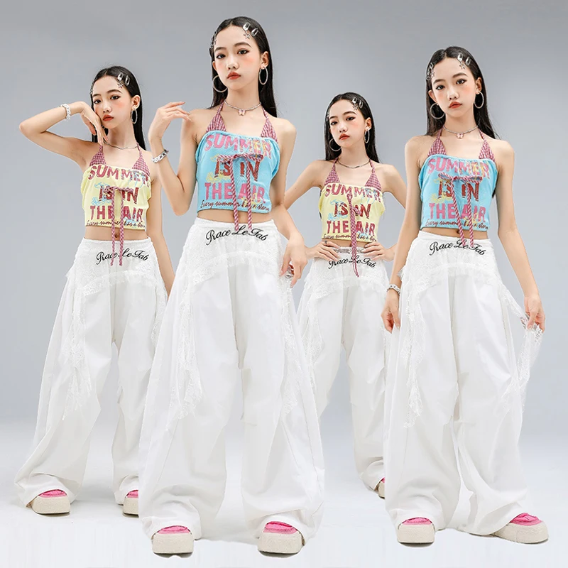 

Одежда для джазовых танцев для девочек, одежда для выступлений Kpop, майка, белые брюки-тафла, модель, наряд для сценического шоу, уличная танцевальная одежда VBH1989