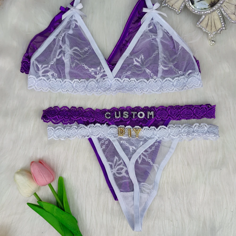 2PC/Set Custom Name Thongs And Bra Personalized Panties and Bra Set With Name DIY Letter Bikini Set Lace For Women Sexy Gift