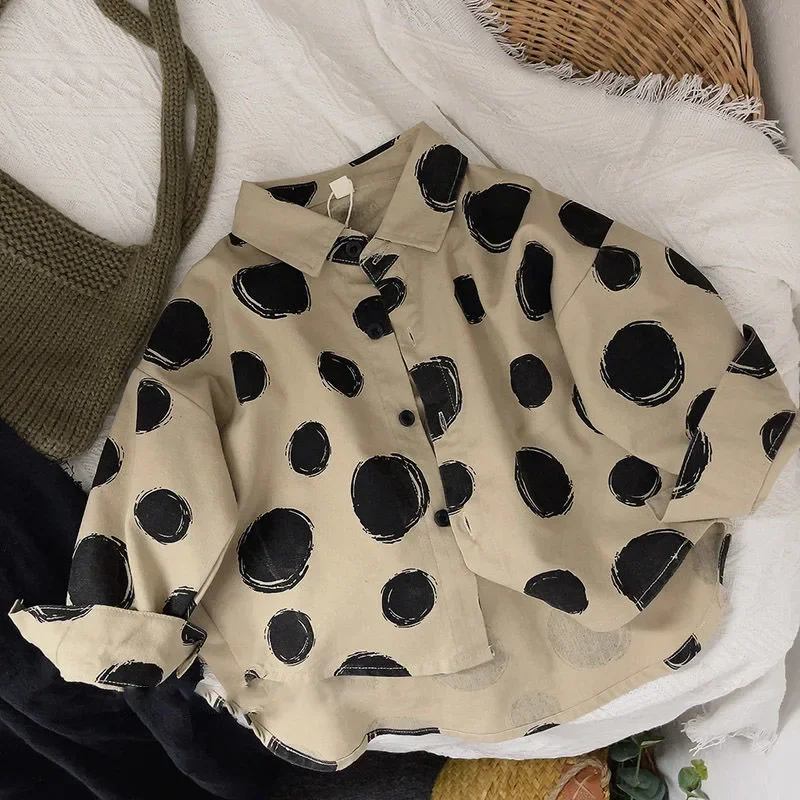 

Korean Children's Shirts Spring and Autumn Boys' and Girls' Shirts Polka Dot Cotton and Linen Baby Cardigan Jacket B225