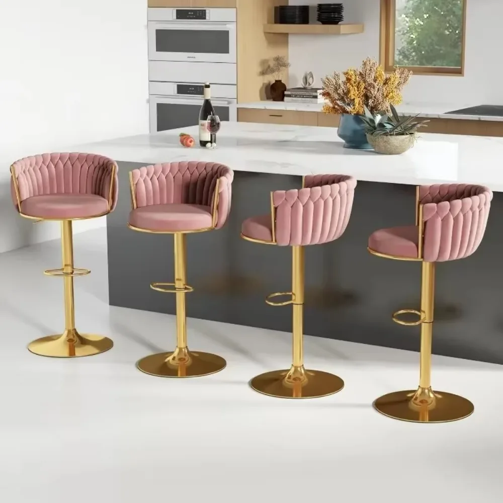 Lot de 4 tabourets de bar en velours, à chocs, réglables, avec dossier tissé, moderne