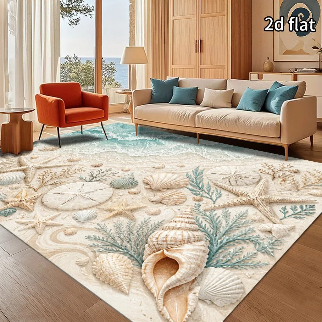 Coastal Beach Shell Starfish Rectangular Rug Ocean Seaside Conch Coral Sand Wave Texture Print Floor Carpet for Living Room