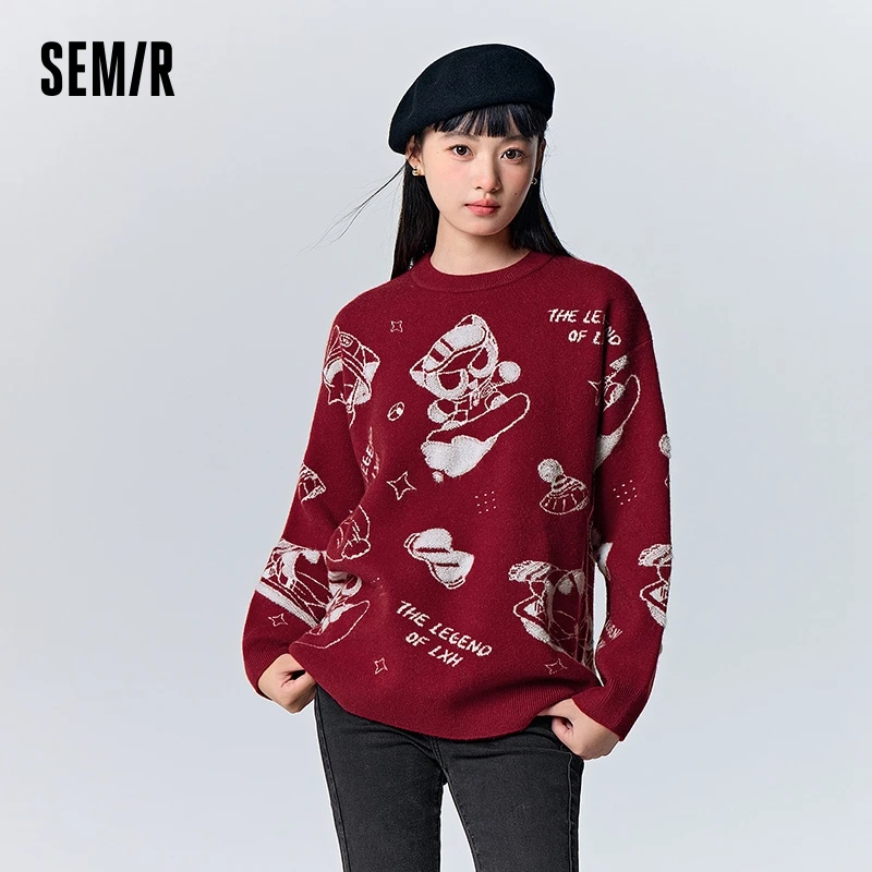 Semir Sweater Women Mid-Length Loose Rocking 2024 New Winter Design Sense Cartoon Jacquard Pullover Shirt