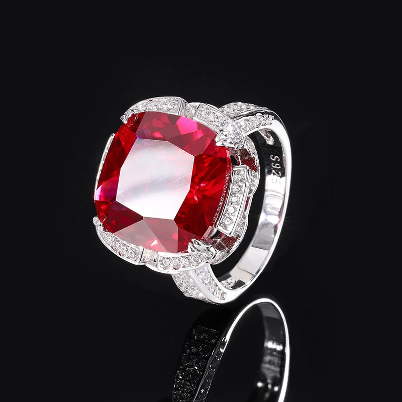 S925 Silver Treasure Emerald Red Treasure Luxury Set Closed Ring Main Stone 14 * 14 Jewelry Wholesale