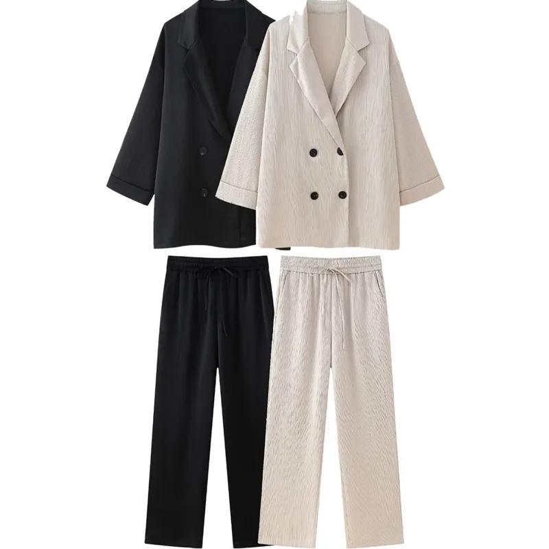 EAEOVNI بلون المرأة قطعتين مجموعة موضة زر مزدوج السترة معطف + السراويل الطويلة مطوي فضفاضة عادية 2025 الخريف جديد