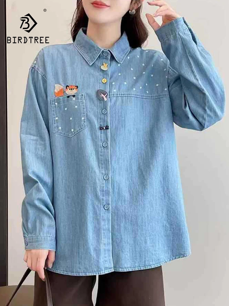 

Новая женская джинсовая рубашка с длинным рукавом Весна 2026, с отложным воротником и вышивкой, в стиле Mori Girl, милый японский стиль, свободная блузка T61819CC