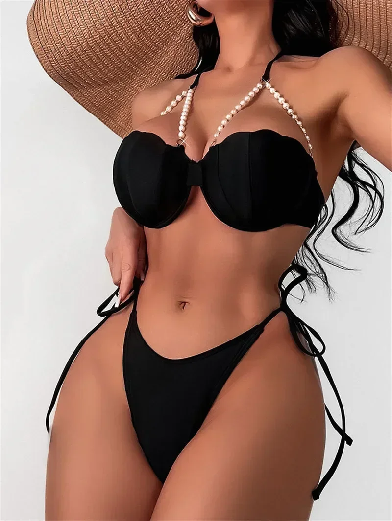 

Sexy Black Shell Halter Bikinis Sets Mujer Push Up Swimwear Women Micro Thong Swimsuits Pearl Metal Bathing Suit Bikini Biquinis
