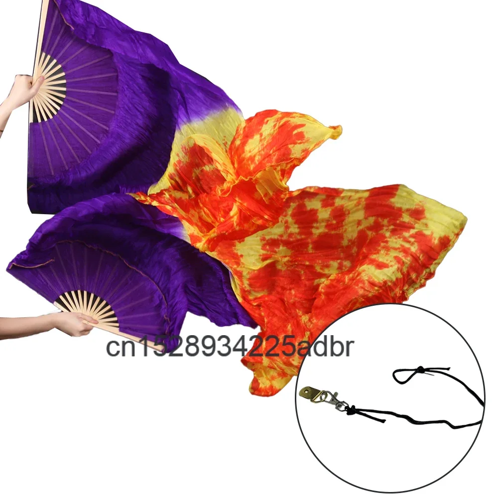 100% 실크 부채, 댄스용 접이식 실크 부채, 중국식 그라데이션 수제 염색 부채, 타이다이 로프 스윙 부채 1쌍