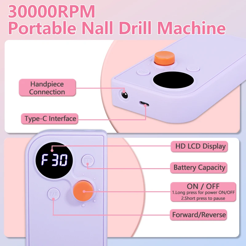 Máy khoan móng tay có thể sạc lại 30000RPM Máy làm móng tay cầm tay cho sơn móng gel Loại bỏ với chức năng tạm dừng Công cụ vẽ móng