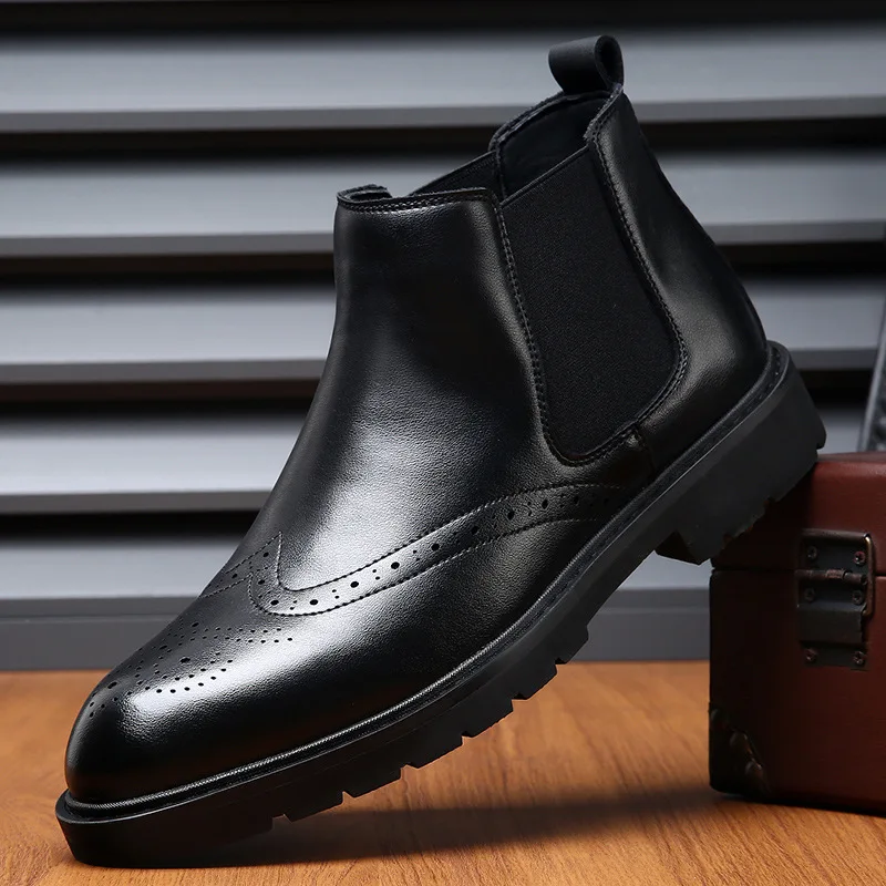 British style Chelsea short boots for men  with suede and block carved business high top leather boots