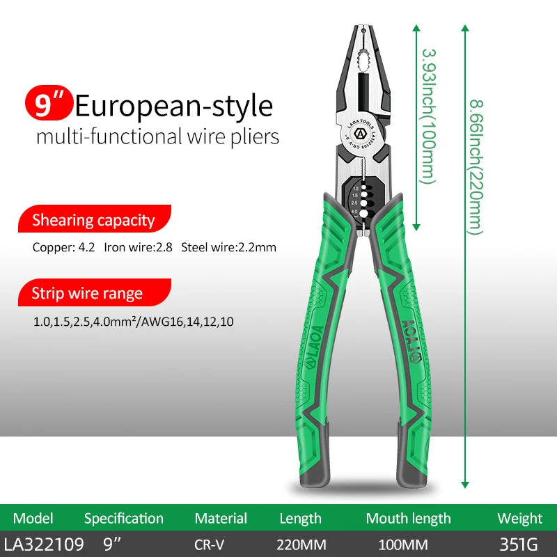 LAOA Multifunktions-Kombinationszange, 22,9 cm, CR-V-Spitzzange, exzentrische kraftsparende Zange, Abisolieren von Drahtschneiden