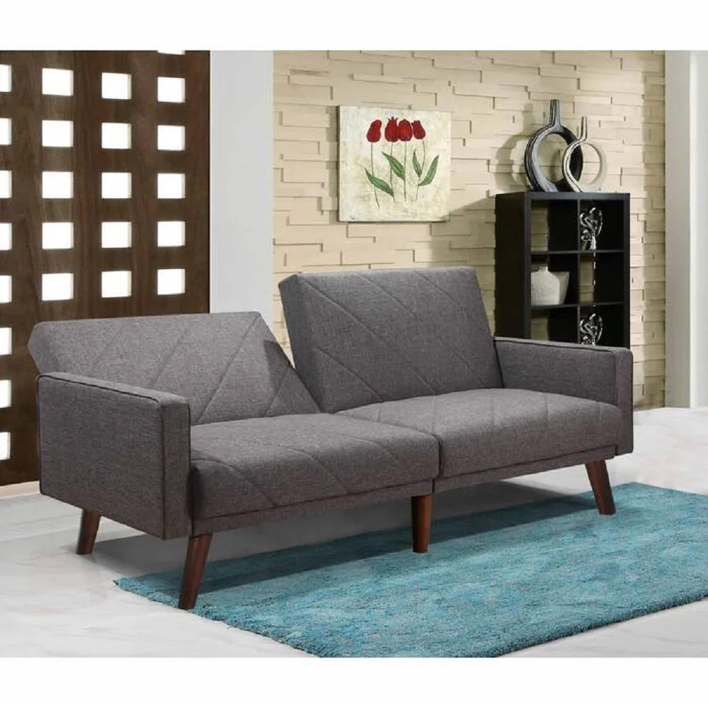 Gray Fabric Split Back Stitching Lines Design Futon Couch with Armrest, Mid Century Modern Convertible Sofa Bed