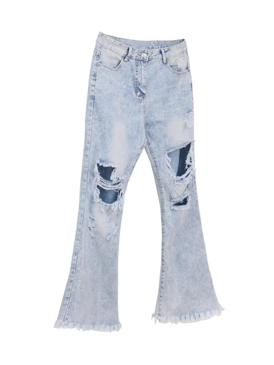 Men's Blue Hole Jeans Hip Hop Street Fashion Knee Big Hole Jeans Loose Ragged Edge Pants for Men and Women