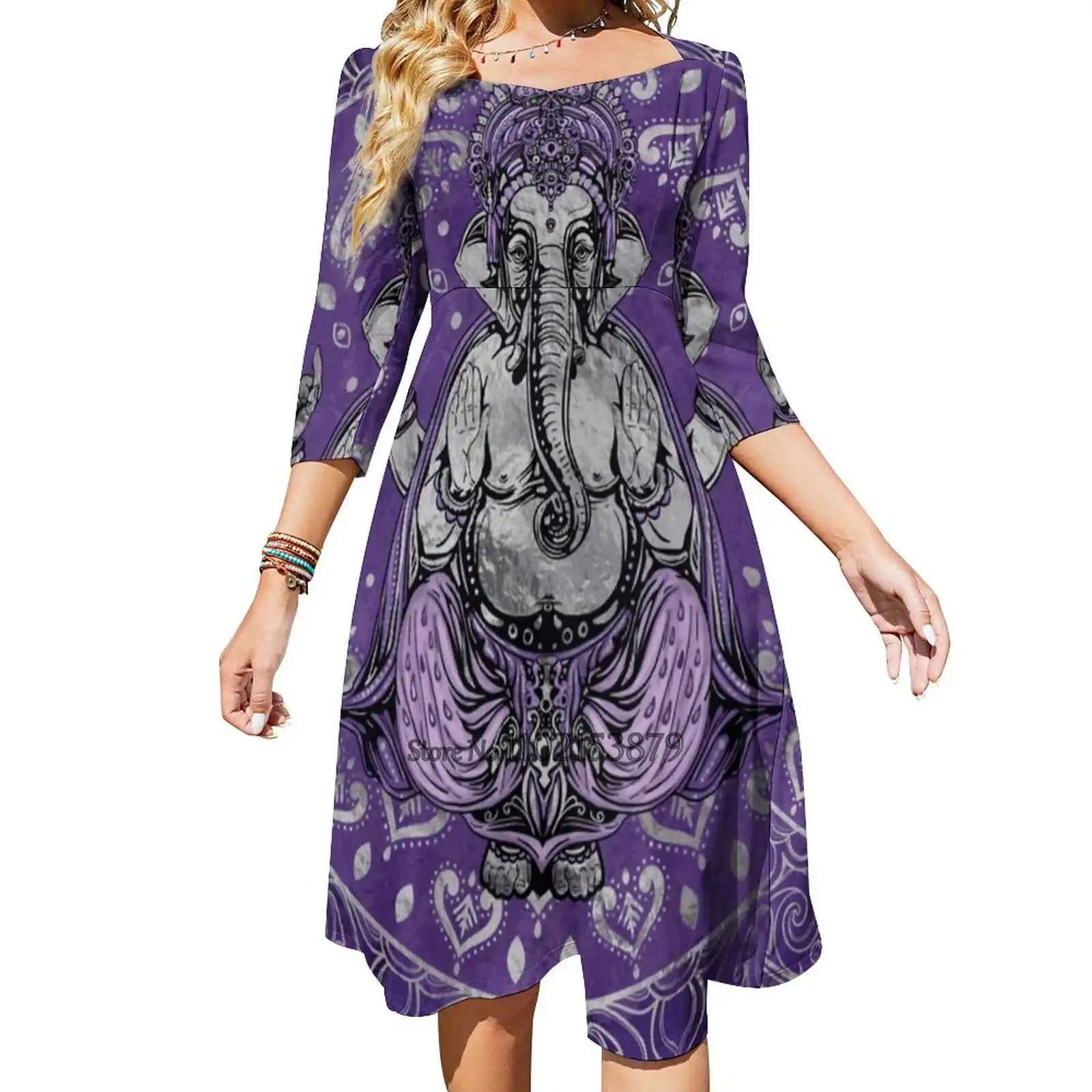 Ganesha - Silver And Purples Back Lacing Backless Dress Square Neck Dress Sweet Elegant Dress Ganesh Ganesha Elephant Hindu