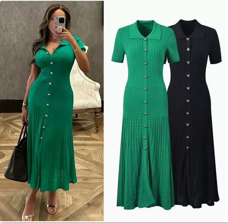 Vintage Strick-Maxikleid mit Umlegekragen, Elegantes Einreihiges A-Linien Langes Hemdkleid für Damen