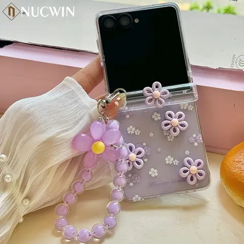 Hinge Protection 2in1 Lovely 3D Rotate Flower Phone Case For Samsung Galaxy Z Flip 7 6 5 4 3 7 FE Wrist Chain Shockproof Cover