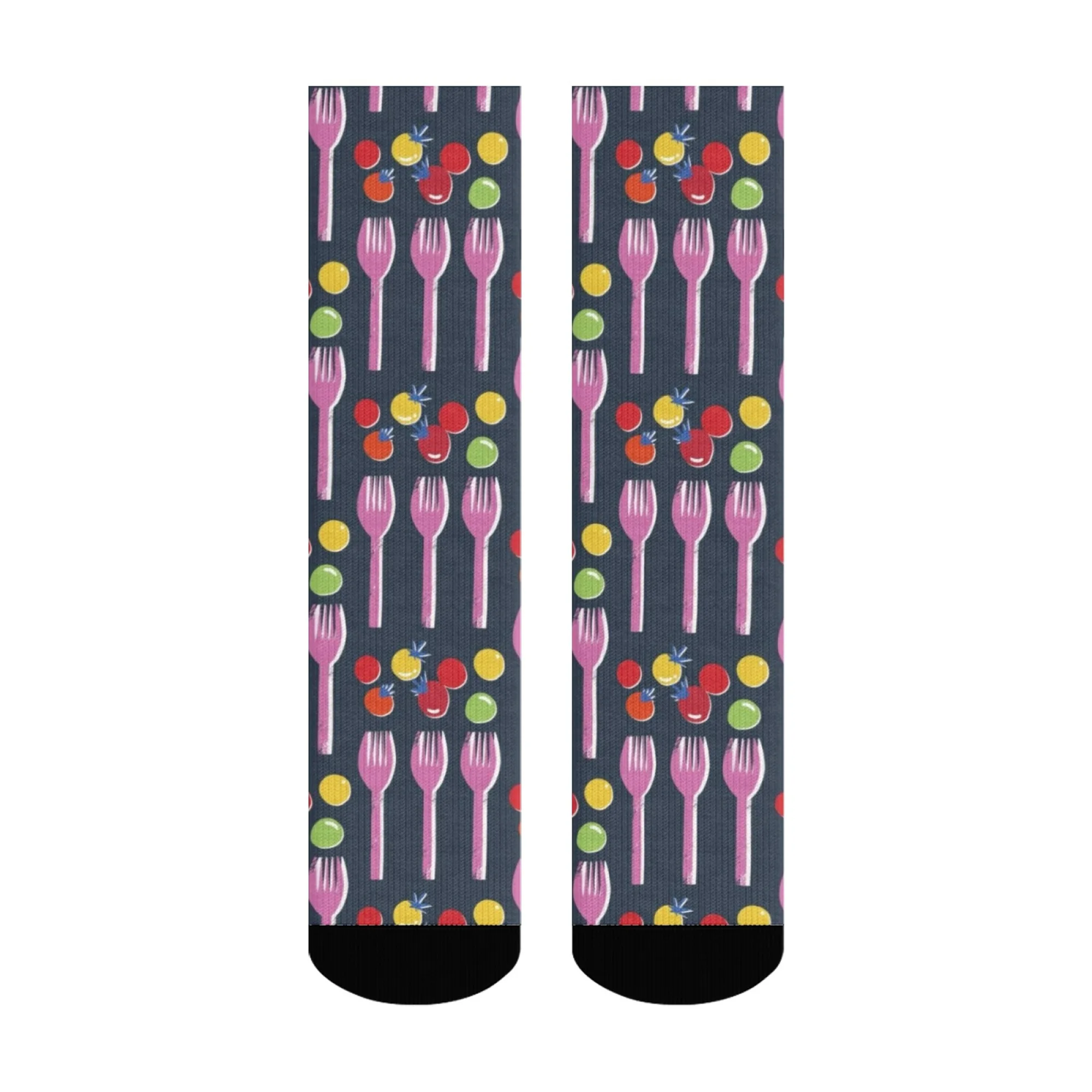 

Quirky Foodie Crew Socks, Dark Grey Socks with Repeat Print of Forks Sweets and Tomatoes, Fun Cartoon Style Socks for Men Women