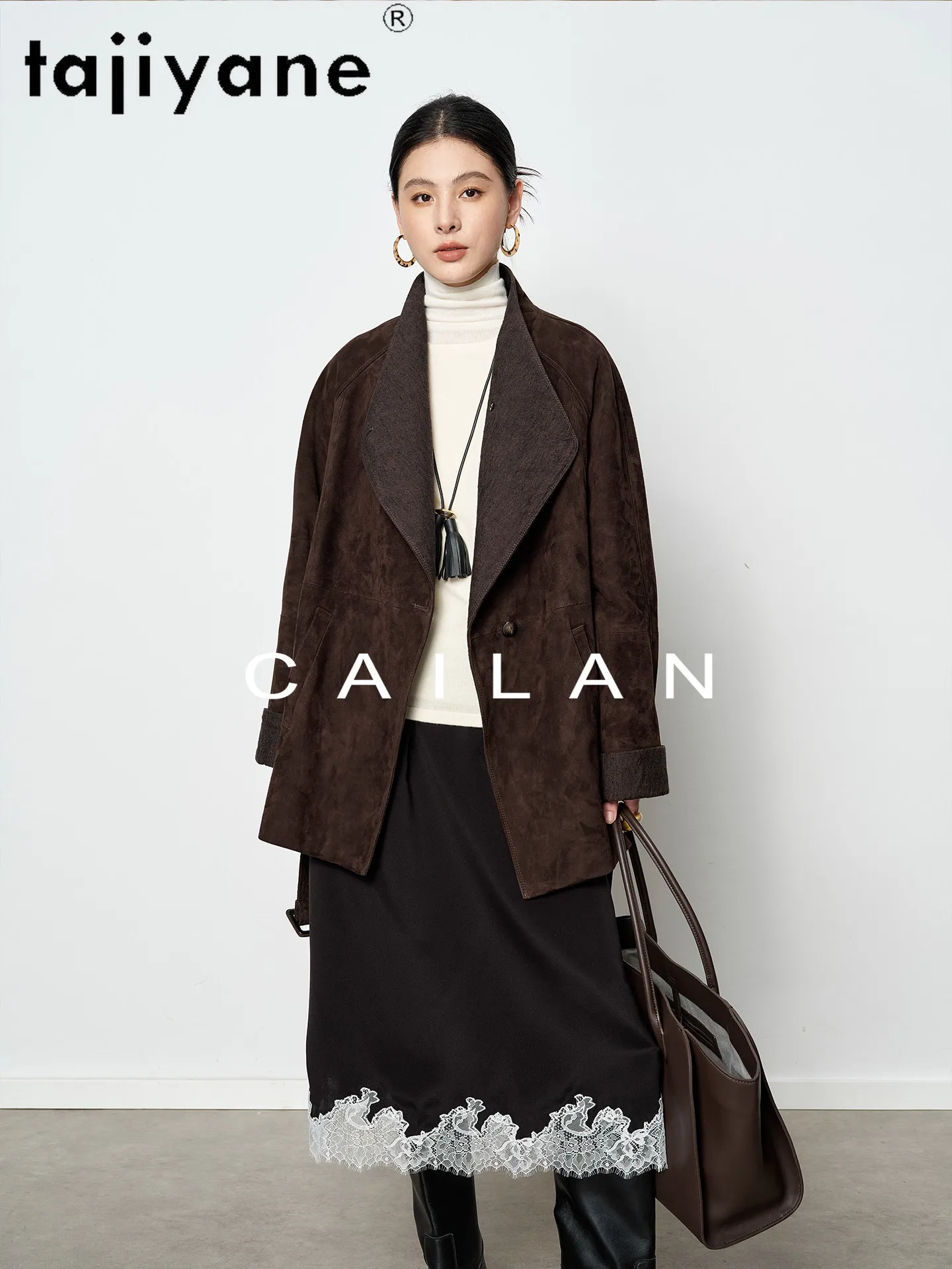 TAJIYANE Cappotto in Pelle Scamosciata di Capra da Donna, Giacca in Vera Pelle con Scollo a V e Cintura, Lunghezza Media, Abbigliamento Autunnale 2026