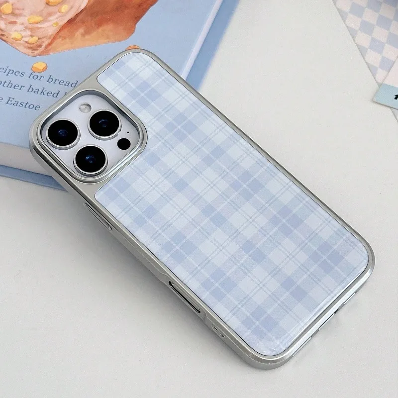 Retro blauer Himmel Plaid Silber Rand Handyhülle TPU Anti-Drop Handyhülle für iPhone XR/11/12/13/14/15/16/17 Pro Max Handyhülle