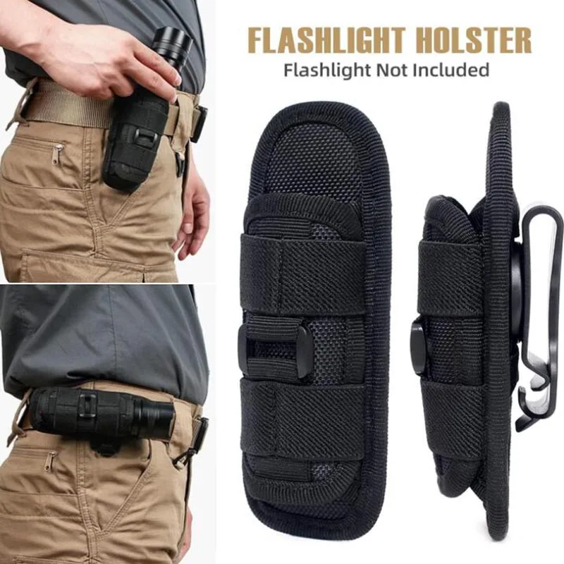 Durable LED Lighting Clip Torch Tactical Outdoor Flashlight Pouch Rotatable 360 Degrees For Hunting Sports Nylon Holster Belt