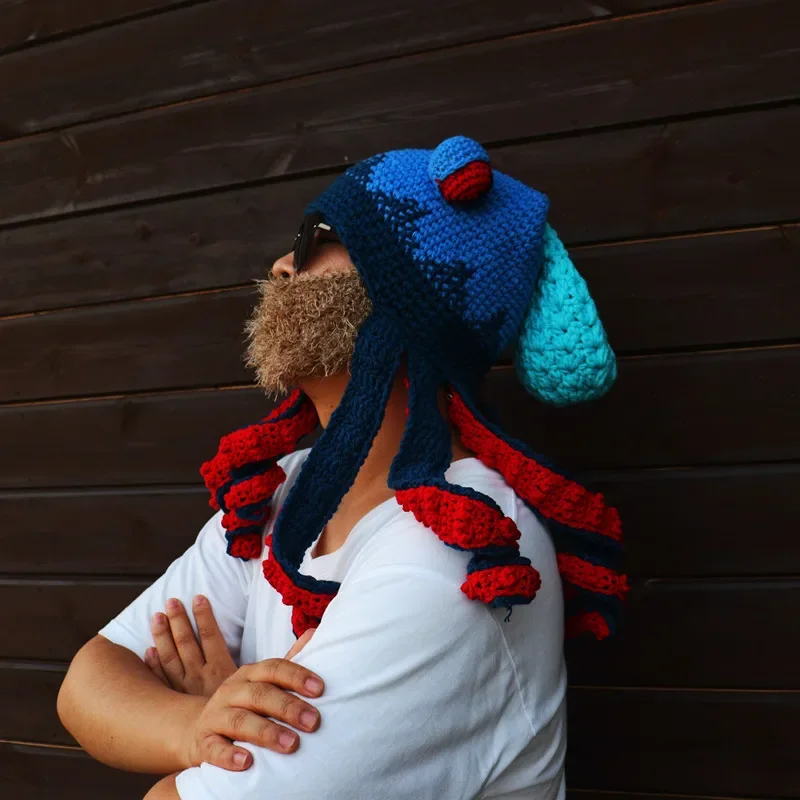 Octopus Hat Amazon New Arrival Halloween Party Prank Funny Eight-Armed Squid Hood Warm Crochet Knitted Cap